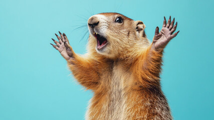 Fototapeta premium A marmot standing with its paws raised and mouth open against a blue background
