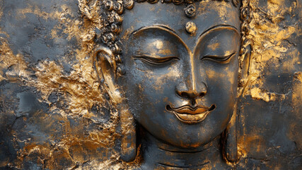 Close-up of a golden Buddha sculpture with serene facial expression
