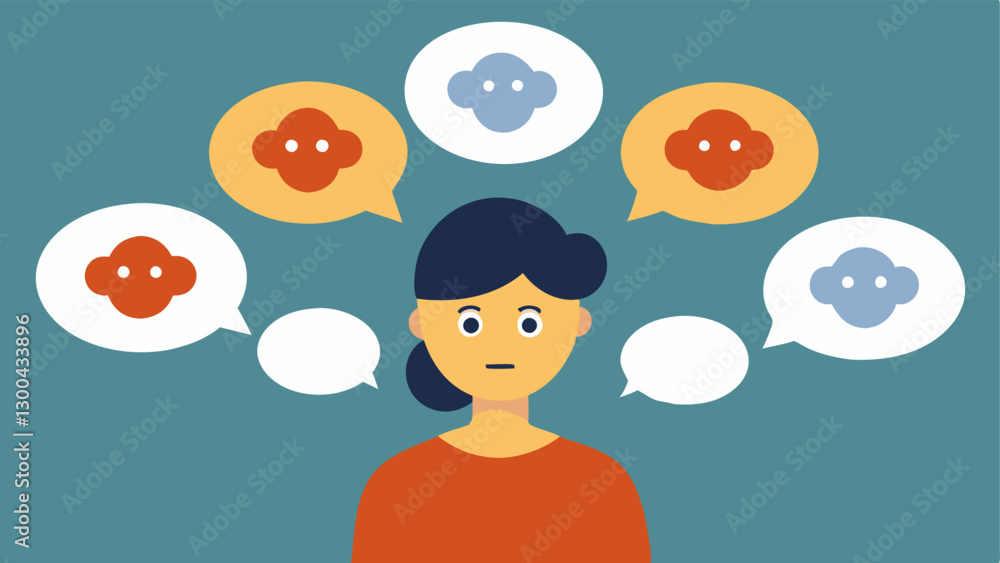Poster thought bubbles an individual with thought bubbles filled with positive affirmations but overshadowe