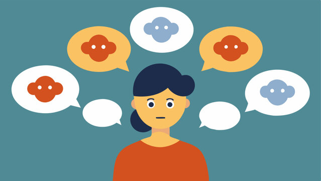 Thought Bubbles An individual with thought bubbles filled with positive affirmations but overshadowed by large bubbles filled with negative societal phrases symbolizing the