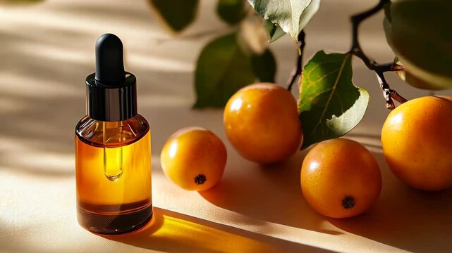 A sleek amber glass dropper bottle filled with golden jojoba oil, elegantly placed among ripe yellow fruits and soft natural shadows. The warm lighting and organic composition highlight purity