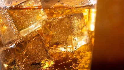 close-up view of a refreshing beverage in a glass, filled with ice