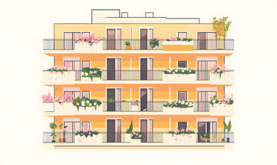 Charming Apartment Building with Blooming Balconies Summer Design