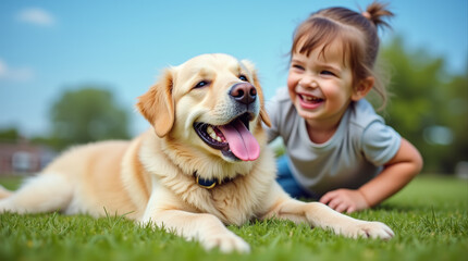 Happy little girl playing with her golden retriever on a sunny day in the park, symbolizing childhood joy, friendship, and unconditional love
