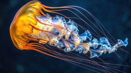 Fototapeta premium Deep Sea Jellyfish Swimming Gracefully in the Vibrant Ocean Depths Showcasing the Beauty of Underwater Life