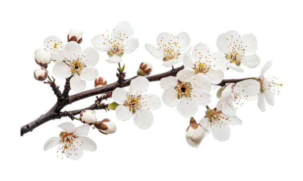 Blossoming white flowers on a delicate branch in early spring representing renewal and beauty in nature, cut out