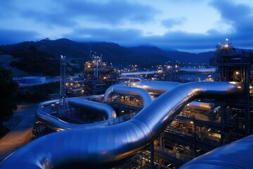 Industrial Complex at Dusk with Illuminated Pipelines and Machinery Under a Cloudy Sky in a Remote Area Surrounded by Mountains and Nature