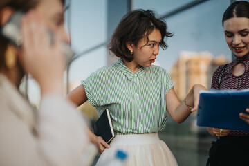 A diverse group of business professionals engaged in a lively discussion outside a modern city building. The image reflects teamwork, communication, and collaboration in a multicultural business