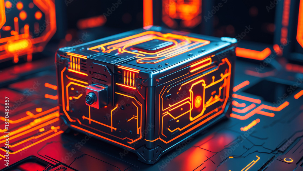 Poster a futuristic, high-tech box with a cyberpunk aesthetic, adorned with intricate circuit patterns that