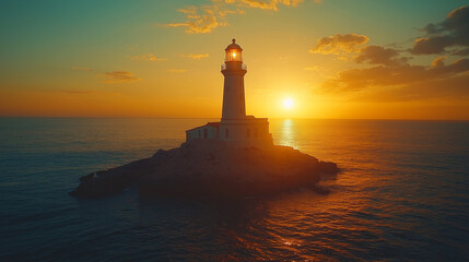 Fototapeta premium Stunning lighthouse standing tall against a golden ocean sunset.