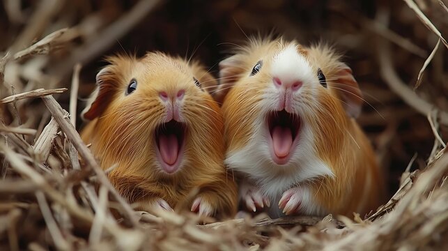 Two cute guinea pigs, mouths open, in nest