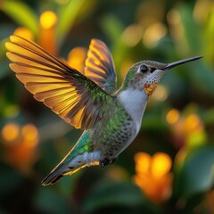 Obraz premium Graceful hummingbird in mid-flight with golden light illuminating its delicate wings 