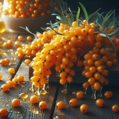 A cascade of golden sea buckthorn berries draped over a rustic wooden table, glistening like droplets of liquid sunlight. Their tart aroma mingles with the scent of pine, evoking a crisp autumn mornin