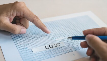 Hands pointing at a cost analysis chart for financial decision making.