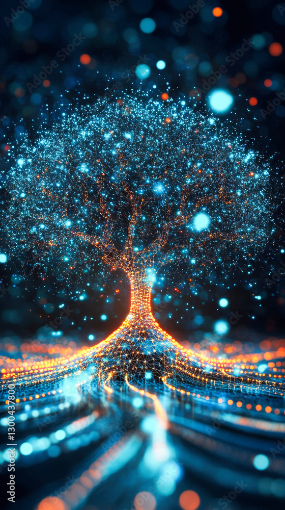 Poster a stylized tree composed of interconnected lines and nodes, resembling a neural network or data visu