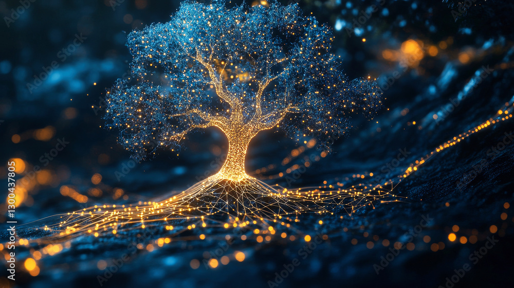 Poster a stylized tree composed of interconnected lines and nodes, resembling a neural network or data visu