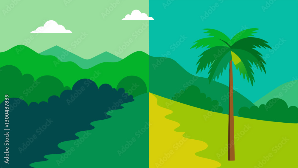 Poster tropical forest to field transition a sidebyside showing a lush green rainforest on one side and a b