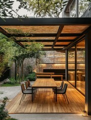 Obraz premium Modern exterior house showcases a backyard with a deck