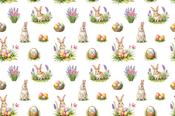 Seamless pattern  of watercolor cute Easter rabbits and design elements flowers. Easter bunny, eggs and flowers. 
