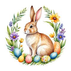 Easter rabbit with spring flowers and leaves wreath watercolor. Cute vintage bunny isolated on white background