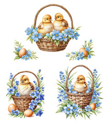 Chickens in a basket with flowers. set of Easter illustrations. easter eggs, blue flowers. vector