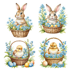 Chicken and bunny in a basket with flowers and easter eggs. set of Easter illustrations.  blue flowers. vector