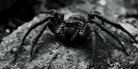 Close-up view of a spider sitting on a rock, with intricate details visible