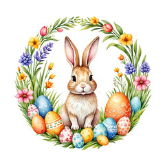 Easter rabbit with spring flowers and leaves wreath watercolor. Cute vintage bunny isolated on white background