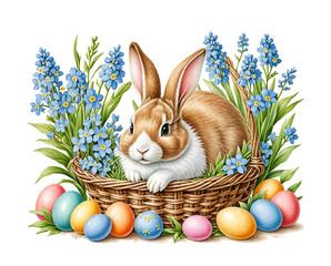 Watercolor Easter bunnies, flowers, and Easter eggs, easter background