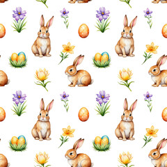 Seamless pattern of watercolor cute Easter rabbits and design elements flowers. Easter bunny, eggs and flowers. Vector illustration.