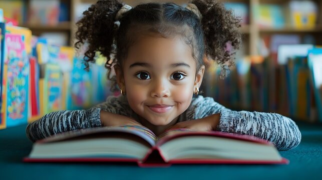 Adorable little girl with curly hair happily engrossed in a book, a charming image representing childhood, literacy, and education.