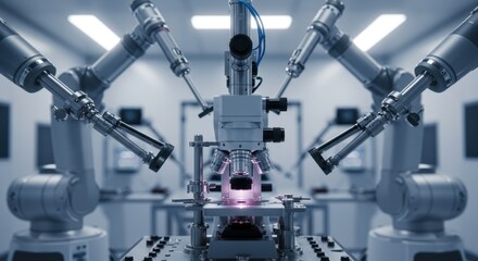 Automated Robotic Arms Working with Microscope in Clean Laboratory Setting