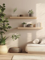 A warm room reveals floating shelves with plants and decor