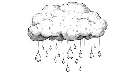 Detailed monochrome drawing of a cloud with raindrops in flowing streams