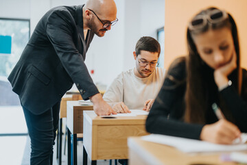 A high school teacher provides guidance to students working diligently at their desks in a classroom environment, fostering a focused and educational atmosphere.
