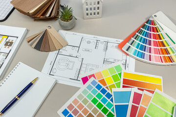 architectural drawings house blueprints with palette of colors designs for interior works