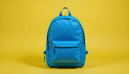 A blue backpack isolated on a white background with a zipper, handle, and accessories for travel, school, or hiking etc.