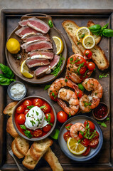Gourmet Rustic Feast Platter with Steak, Shrimp, and Fresh Burrata on Wooden Table