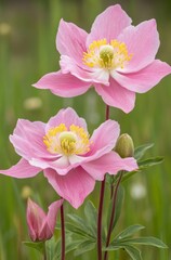Fototapeta premium Pink Andersonii flower, three flowers together, pink petals and yellow stamens, green leaves in the background, close-up of two large flowers with one small bud on top