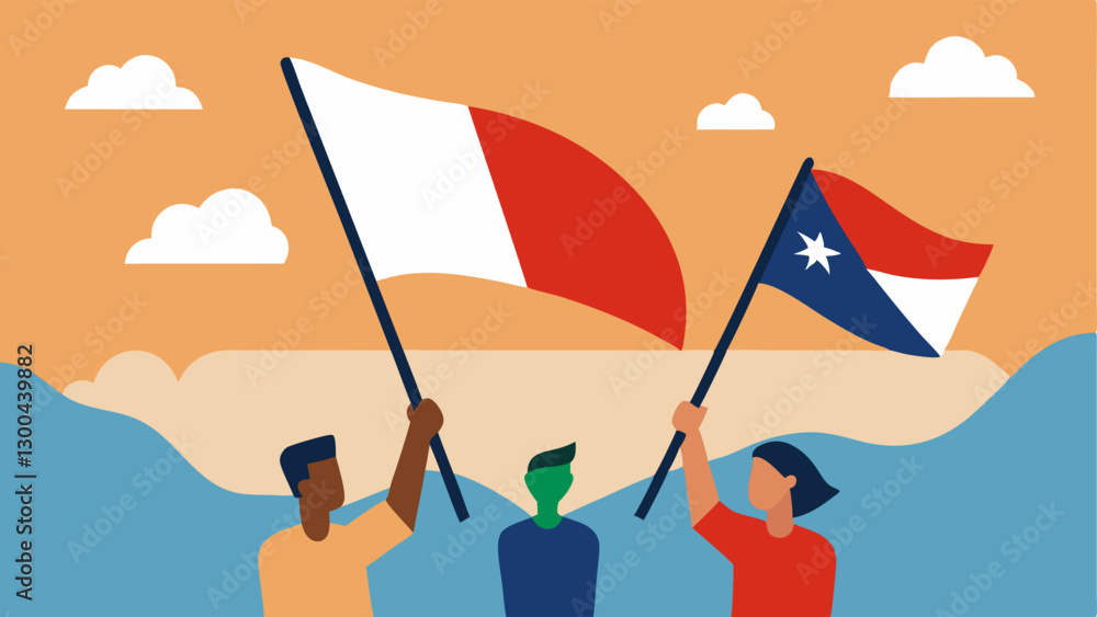 Poster torn flags a torn flag with symbols of unity being held up by people while another flag with nationa
