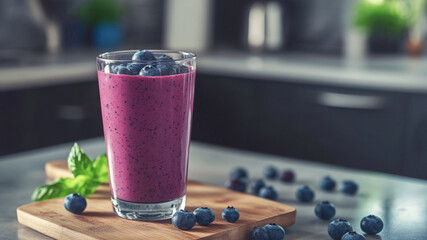 Blueberry smoothie in a glass with fresh berries and a mint garnish on a wooden board.