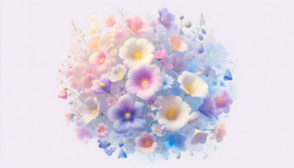 Fototapeta premium A hologram of soft pink, lavender and light yellow flowers in full bloom, the flowers blending together and swaying naturally