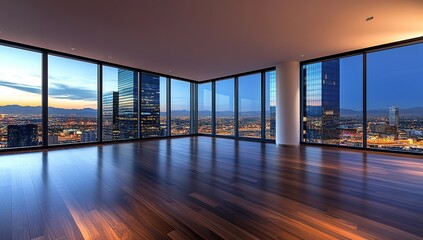 Fototapeta premium Luxury Penthouse: City Views from Floor-to-Ceiling Windows at Dusk, Stunning Panoramic Night Skyline, Modern Architectural Design