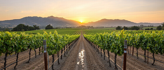 Naklejka premium Inner Peace, Mental Health concept. Scenic vineyard at sunset with lush rows of grapevines and distant mountains.