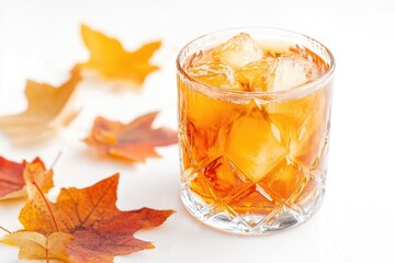 A glass filled with iced tea and floating ice cubes on a white background