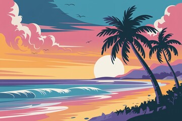 Stylized Beach Sunset with Palm Trees and Ocean Waves.