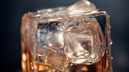 Whiskey glass with ice cubes, elegantly presented on a dark background.