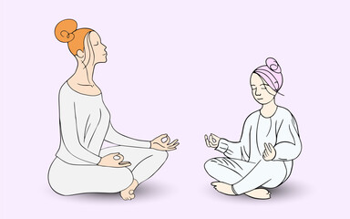 Meditation lesson. A teacher with red hair and a teenage girl with pink hair.
