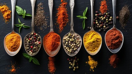 Variety of Asian Spices Displayed in Silver Spoons on a Black Background Capturing Vibrant Colors and Textures
