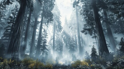 Obraz premium Enchanted Forest with Rays of Light Filtering Through Tall Trees and Colorful Flowers in a Dreamlike Landscape